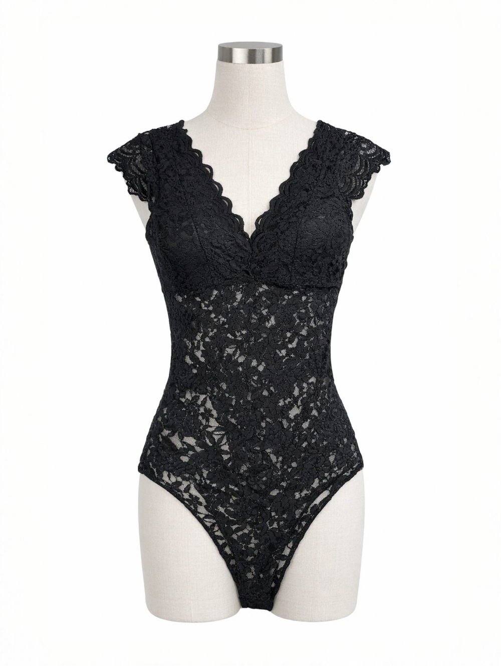 Polly & Esther Black Lace Bodysuit | Scalloped Deep V | NWT